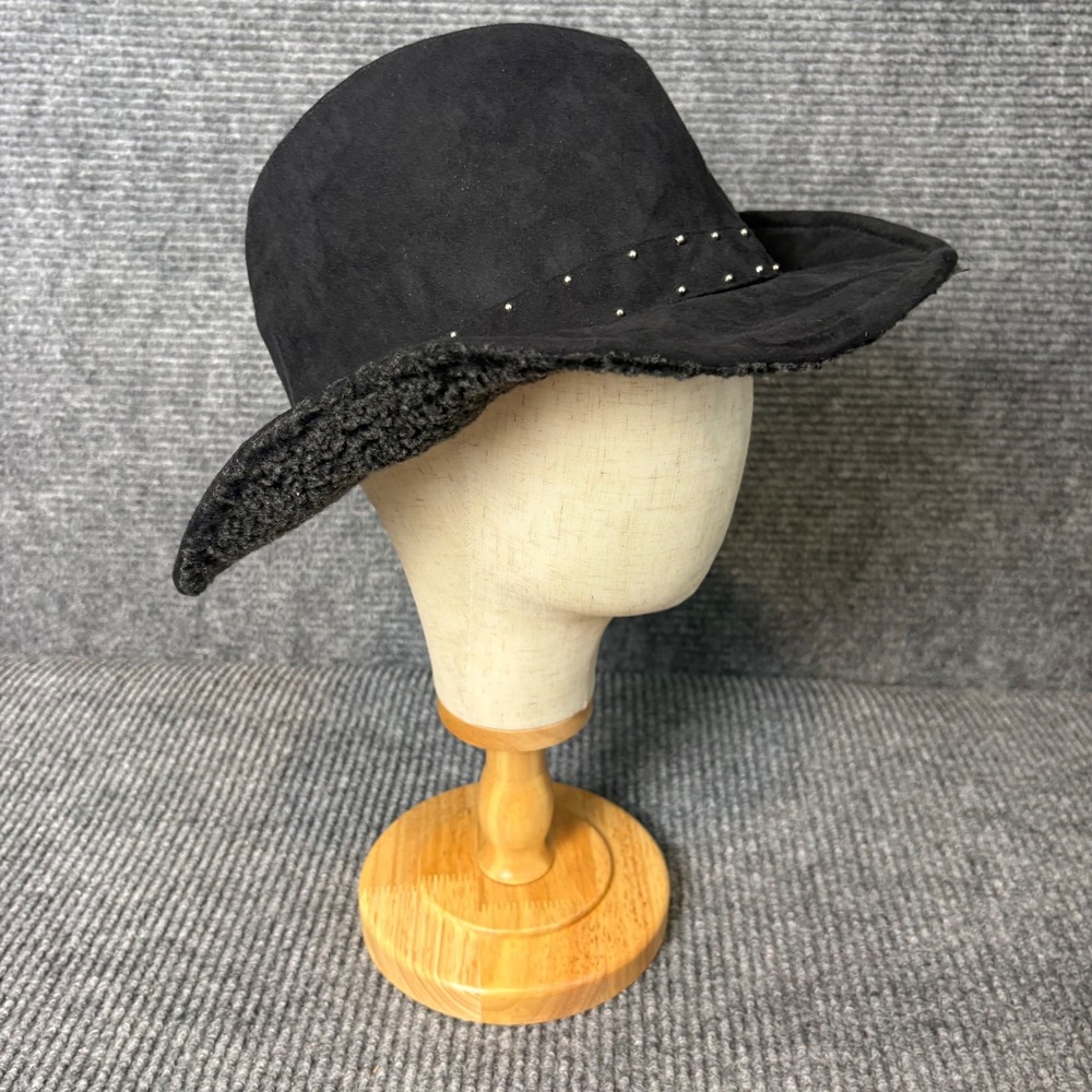 Scala Pronto Black Faux Suede Western Cowboy Hat Sherpa Trim Studded Band OS